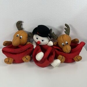 Vintage Puffalump Christmas Reindeer & Snowman Red Plush Basket Collectible Set